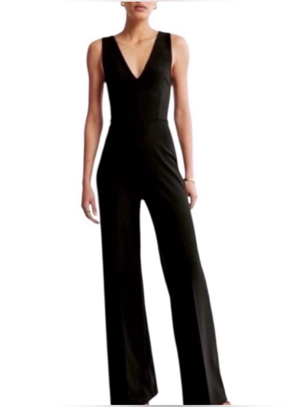 Abercrombie Plunge Crepe Wide Leg Jumpsuit Black L Tall EUC